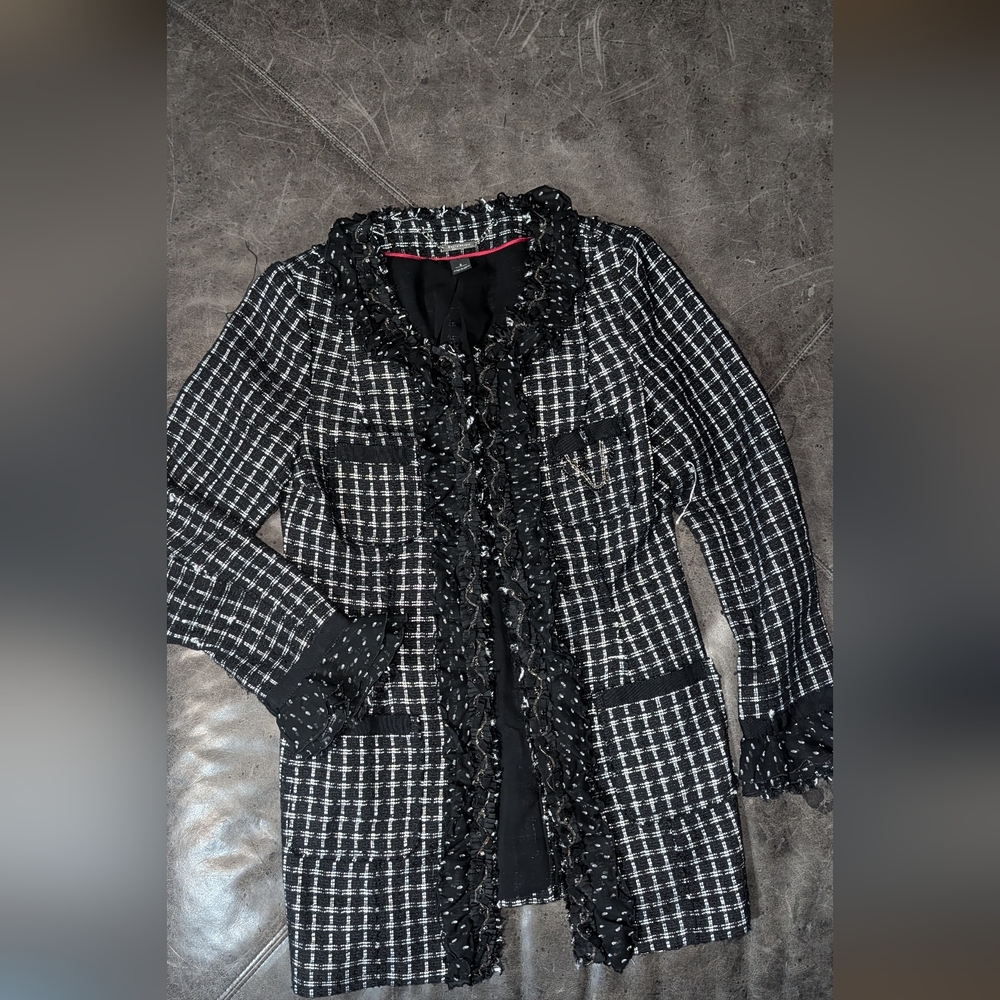Black & White Tweed Ruffle-Trim Blazer